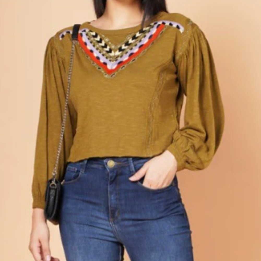 Free People Hand Me Down Embroidered Top S